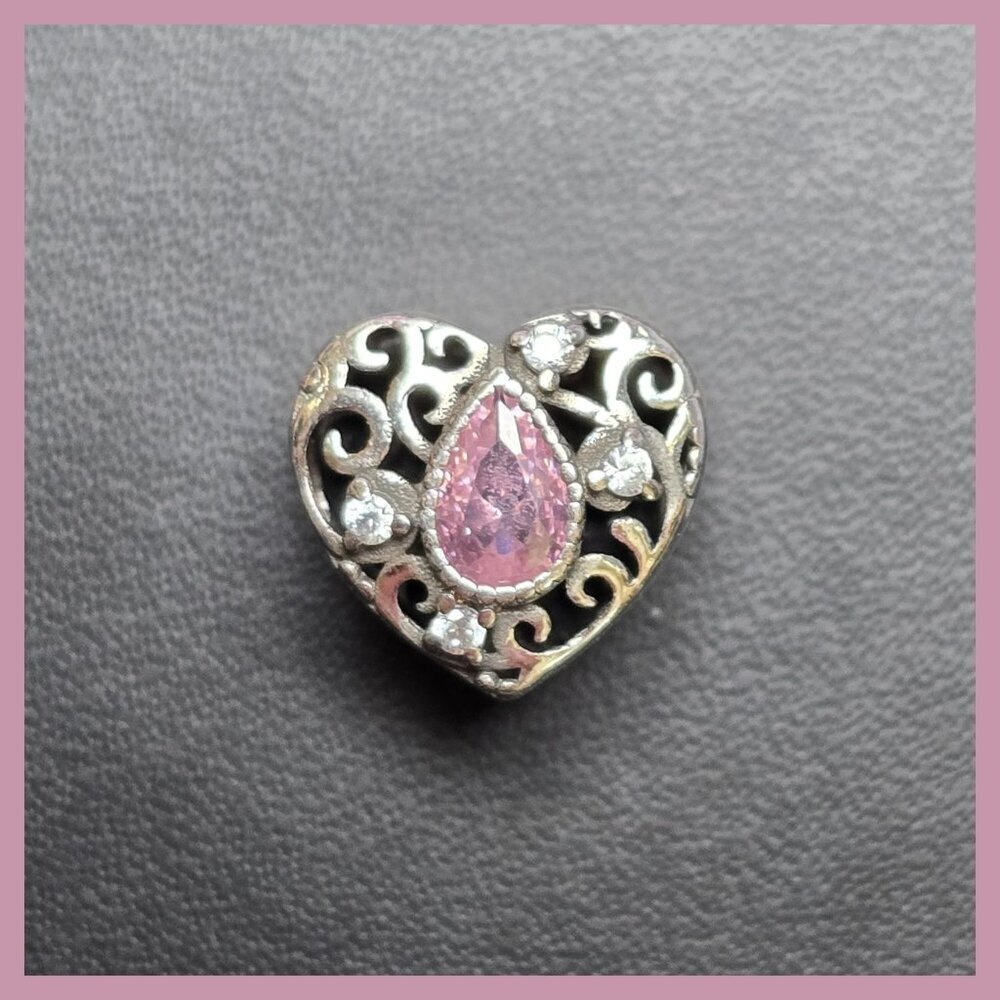 Sterling Silver Heart Charm‎ With Pink Teardrop CZ and Filigree Design (NWOT)